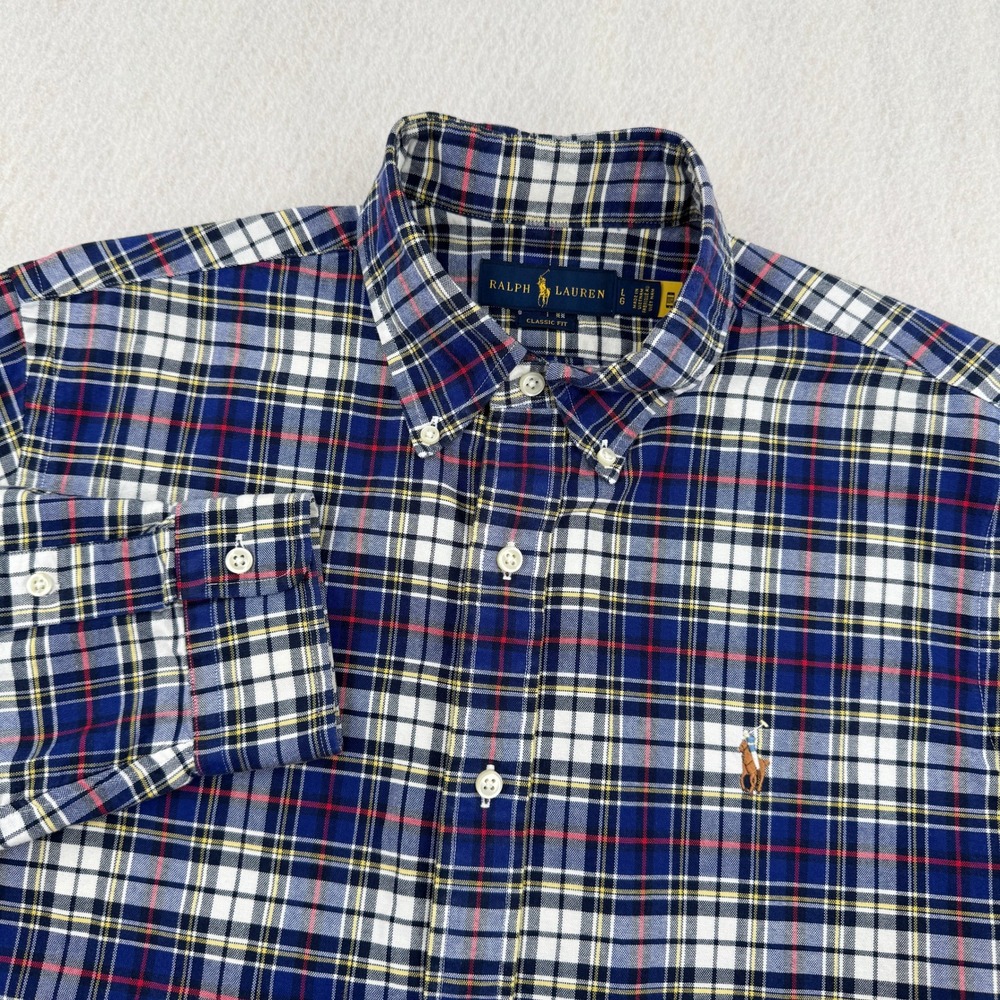 Ralph Lauren Mens L Classic Fit Oxford Long Sleeve Button Down Blue Plaid Preppy